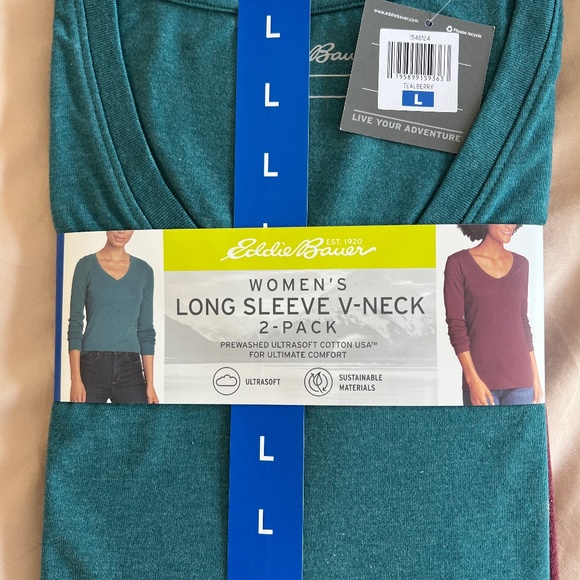 Eddie Bauer Ladies Long Sleeve V-Neck 2 Pack Lightweight Slim Fit. Sizes SM-XL - Picture 1 of 6